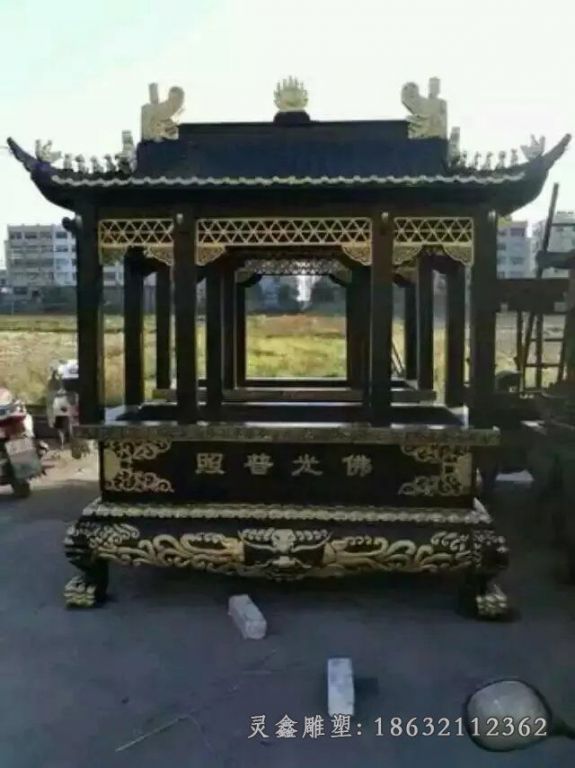 佛光普照香炉铜雕，寺庙方形香炉雕塑 (1)