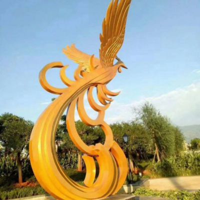 不锈钢黄色凤凰动物雕塑 