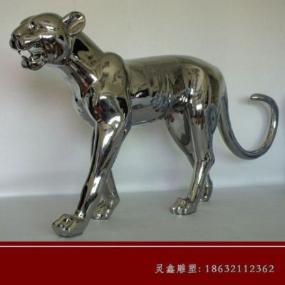 不锈钢镜面豹子动物雕塑