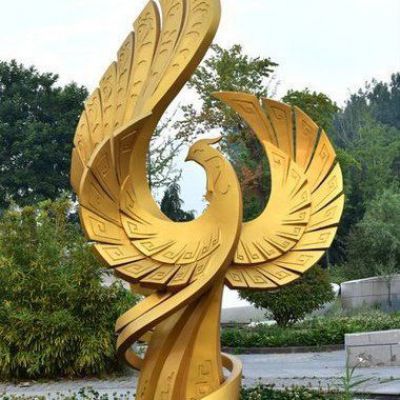不锈钢金黄凤凰动物景观雕塑 