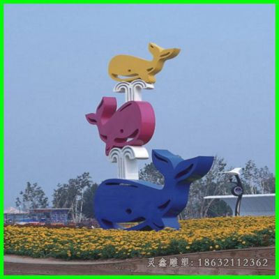 不锈钢彩绘海豚标志雕塑