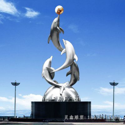 不锈钢镜面海豚戏球雕塑 