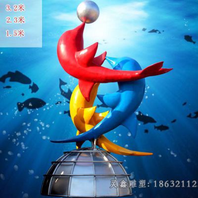 不锈钢彩绘海豚景观雕塑 