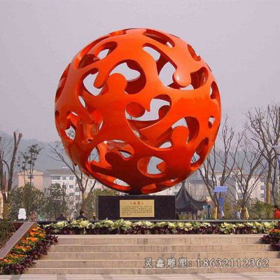 不锈钢抽象红色镂空球雕塑