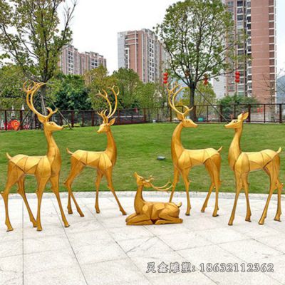 不锈钢金色鹿抽象动物雕塑